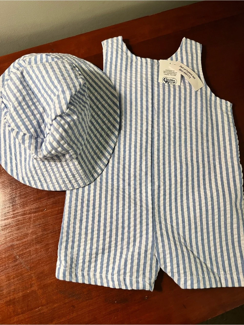Good Lad Blue & White Striped Baby Sun Hat and Romper Set - Baseball Appliqué